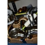 THREE BOXES OF KITCHENWARE, to include a set of West German Baumann oven dishes and cooking pots,