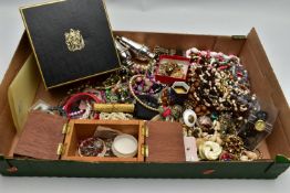 A BOX OF ASSORTED COSTUME JEWELLERY, to include a silver mustard with cover, plain polished design