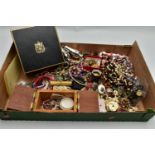 A BOX OF ASSORTED COSTUME JEWELLERY, to include a silver mustard with cover, plain polished design