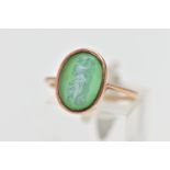 A 9CT ROSE GOLD CAMEO RING, oval green and white chalcedony cameo depicting a lady, collet set
