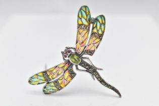 A WHITE METAL PLIQUE A JOUR, RUBY, PERIODT AND MARCASITE DRAGONFLY BROOCH, the dragonfly with