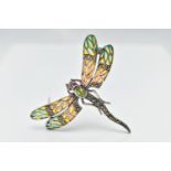 A WHITE METAL PLIQUE A JOUR, RUBY, PERIODT AND MARCASITE DRAGONFLY BROOCH, the dragonfly with