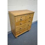 A 19TH CENTURY PINE CHEST OF TWO SHORT OVER THREE LONG GRADUATED DRAWERS, width 95cm x depth 52cm
