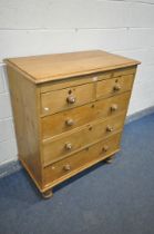 A 19TH CENTURY PINE CHEST OF TWO SHORT OVER THREE LONG GRADUATED DRAWERS, width 95cm x depth 52cm