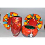 THREE PIECES OF POOLE POTTERY, comprising two Harlequin design shallow circular dishes, diameter
