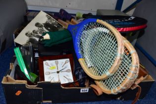 TWO BOXES OF CDS, TENNIS RACKETS, BINOCULARS AND MISCELLANEOUS ITEMS, three 'Grays' of Cambridge
