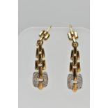 A PAIR OF 9CT GOLD DIAMOND SET DROP EARRINGS, the brilliant cut diamonds illusion set, to the