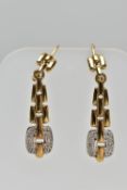A PAIR OF 9CT GOLD DIAMOND SET DROP EARRINGS, the brilliant cut diamonds illusion set, to the