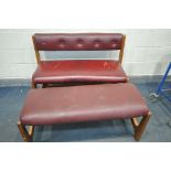 A BURGUNDY LEATHER BENCH, with pine frame, along with a matching stool (condition - tears and cracks