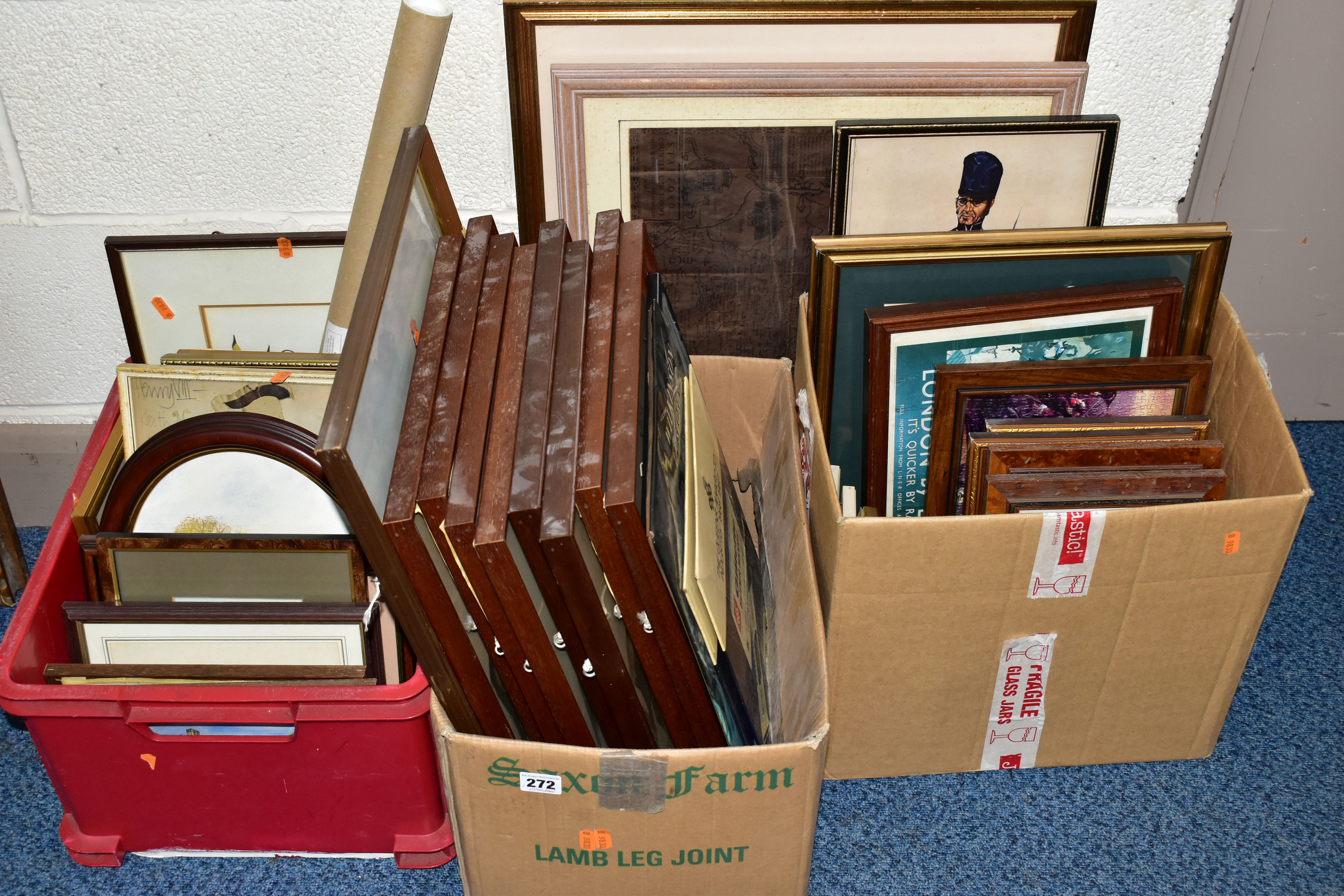 THREE BOXES AND LOOSE PICTURES ETC, to include three vintage razor blade counter top display signs -