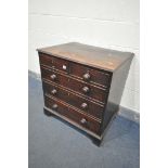 A GEORGIAN MAHOGANY CHEST OF FOUR LONG GRADUATED DRAWERS, with turned handles, on bracket feet,