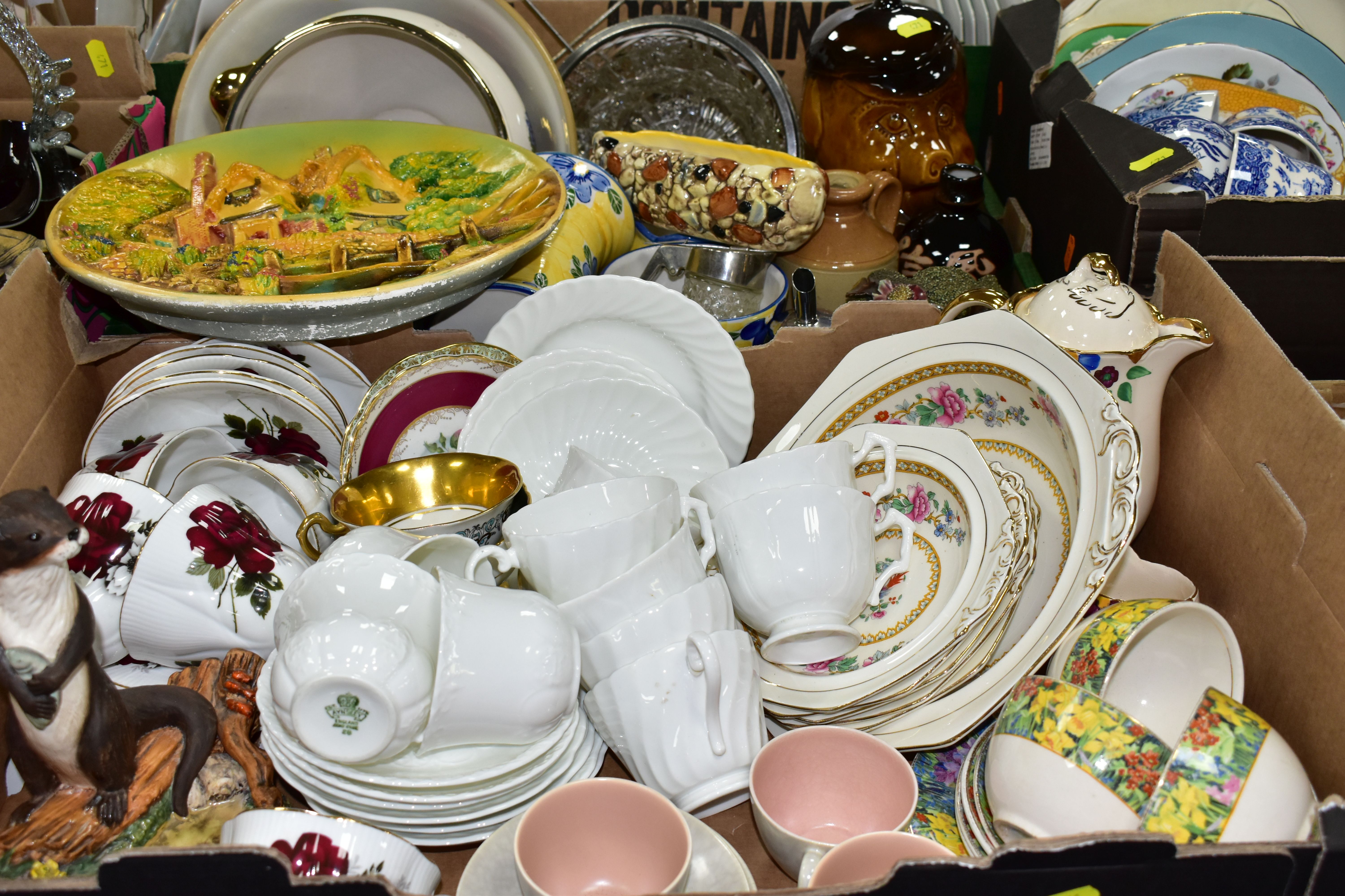 FIVE BOXES OF CERAMICS AND COLOURED GLASS, to include a Carlton Ware butter dish, an Arthur Wood - Image 3 of 8