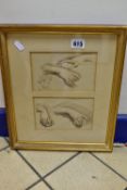 TWO LATE 19th / EARLY 20th CENTURY SEPIA PEN ON PAPER SKETCHES DEPICTING FOUR HANDS AND A SIDE