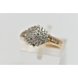 A 9CT GOLD DIAMOND CLUSTER RING, of a marquise form set with single cut diamonds, single cut diamond