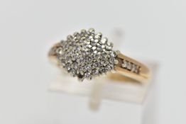 A 9CT GOLD DIAMOND CLUSTER RING, of a marquise form set with single cut diamonds, single cut diamond