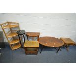 AN OVAL MAHOGANY AND INLAID COFFEE TABLE, with splayed legs, united by stretchers, length 112cm x