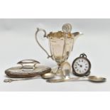 AN ASSORTMENT OF SILVER ITEMS, to include a 'Georg Jensen' teaspoon with maker's mark and date for