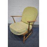 A BLONDE ERCOL WINDSOR MODEL 203 BEECH ARMCHAIR, with lime green cushions, width 69cm x depth 71cm x