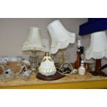 A GROUP OF NINE TABLE LAMPS AND A BOX OF GLASS SHADES, comprising two matching cream onyx lamps,