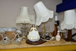 A GROUP OF NINE TABLE LAMPS AND A BOX OF GLASS SHADES, comprising two matching cream onyx lamps,