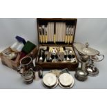 A CANTEEN, WHITE METAL WARE AND COSTUME JEWELLERY, wooden canteen complete with cutlery, a white