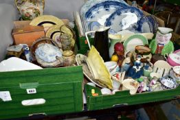 THREE BOXES OF CERAMICS AND GLASSWARE, to include a Royal Doulton crystal dish, six sherry