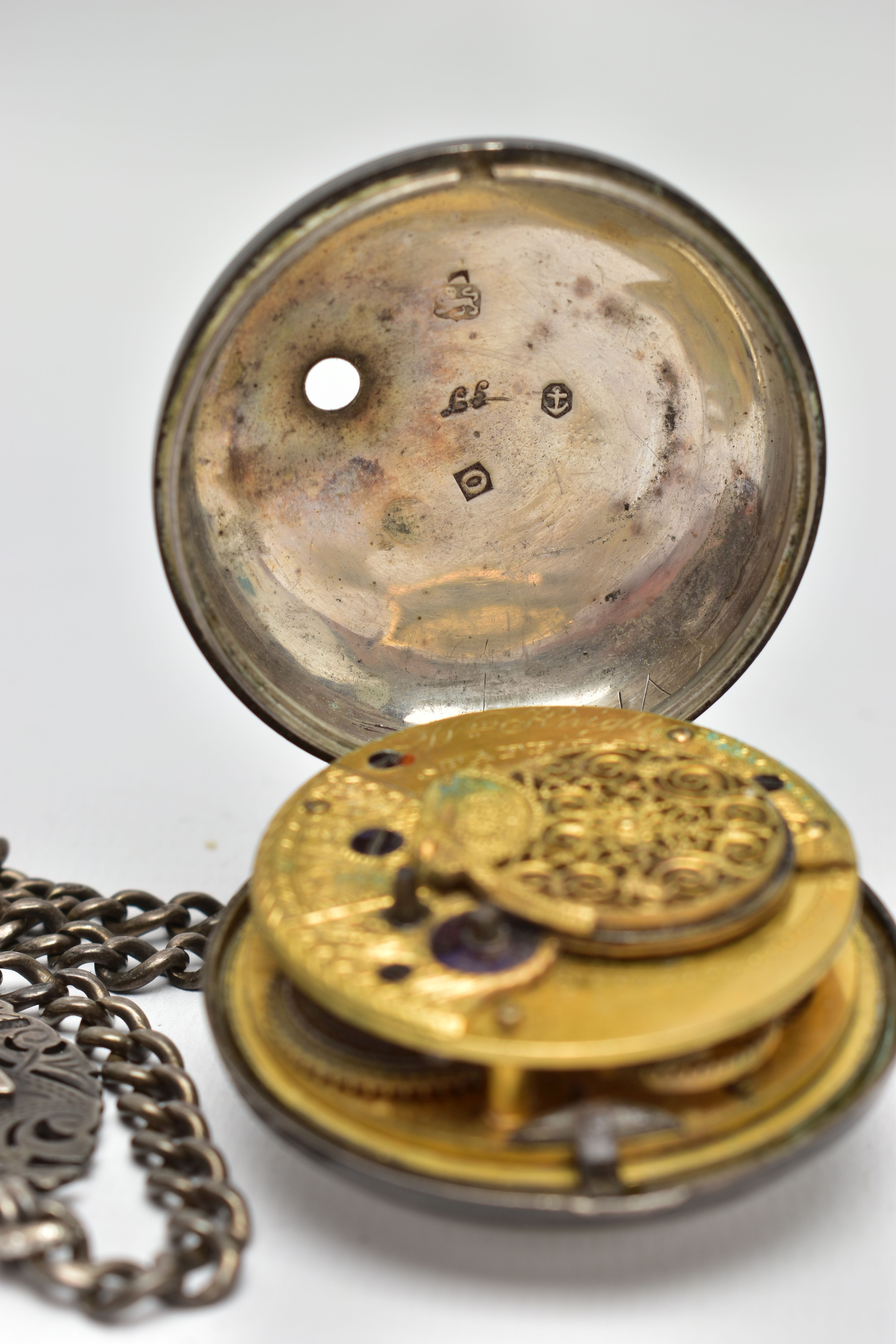 A SILVER OPEN FACE POCKET WATCH AND ALBERT CHAIN, key wound watch, white damaged ceramic dial, - Image 4 of 6