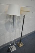 A MODERN NICKEL COLUMN STANDARD LAMP, and another standard lamp, both with shades (2)
