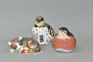 TWO ROYAL CROWN DERBY PAPERWEIGHTS AND A ROYAL COPENHAGEN ROBIN, comprising a Royal Crown Derby