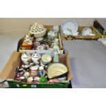 THREE BOXES OF ASSORTED CERAMICS ETC, to include Coalport 'Strange Orchid' and 'Pageant' covered