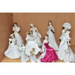 NINE ROYAL DOULTON AND WORCESTER LADY AND CHILD FIGURES, the Royal Doulton comprising 'Sleepyhead'