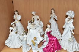 NINE ROYAL DOULTON AND WORCESTER LADY AND CHILD FIGURES, the Royal Doulton comprising 'Sleepyhead'