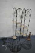 A WROUGHT IRON FOLDING PLANT STAND, open length 95cm x closed 27cm x height 176cm, seven various