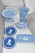 SIX PIECES OF WEDGWOOD PALE AND DARK BLUE JASPERWARE, comprising a small comport, diameter 15.5cm,