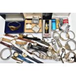 A BOX OF ASSORTED WRISTWATCHES AND LIGHTERS, mostly quartz movements, such as a gents boxed '