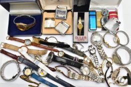 A BOX OF ASSORTED WRISTWATCHES AND LIGHTERS, mostly quartz movements, such as a gents boxed '