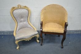 A HARDWOOD WICKER ARMCHAIR, with a swan neck armrests, along with a French style spoon back chair (