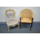 A HARDWOOD WICKER ARMCHAIR, with a swan neck armrests, along with a French style spoon back chair (