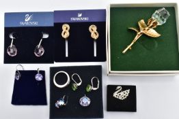 A BOX OF 'SWAROSKI' JEWELLERY, to include three pairs of Swarovski crystal drop earrings with boxes,
