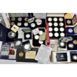 A BOX OF MAINLY MODERN SILVER, SILVER PROOF AND OTHER COINAGE, to include a twelve coin sterling