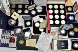 A BOX OF MAINLY MODERN SILVER, SILVER PROOF AND OTHER COINAGE, to include a twelve coin sterling