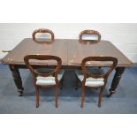 A VICTORIAN MAHOGANY WIND OUT DINING TABLE, with canted corners, two additional leaves, on fluted