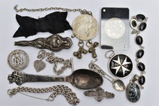 ASSORTED WHITE METAL ITEMS, to include an order of St John medallion, three white metal bracelets, a