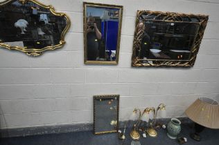 A SELECTION OF MIRRORS AND LIGHTING, to include a rectangular wall mirror, with carved decoration,
