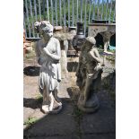 A COMPOSITE GARDEN FIGURE OF A SCANTILLY CLAD WOMAN, in flowing robes, height 77cm (condition:-crack