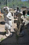 A COMPOSITE GARDEN FIGURE OF A SCANTILLY CLAD WOMAN, in flowing robes, height 77cm (condition:-crack