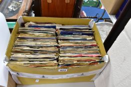 A BOX OF VINYL SINGLES, approximately one hundred and fifty records, plain sleeves and some