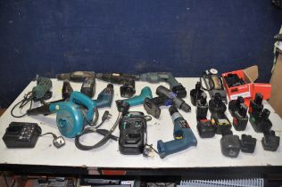 TWO TUBS OF ELECTRICAL TOOLS to include Black and Decker, Bosch and Makita drills chargers and