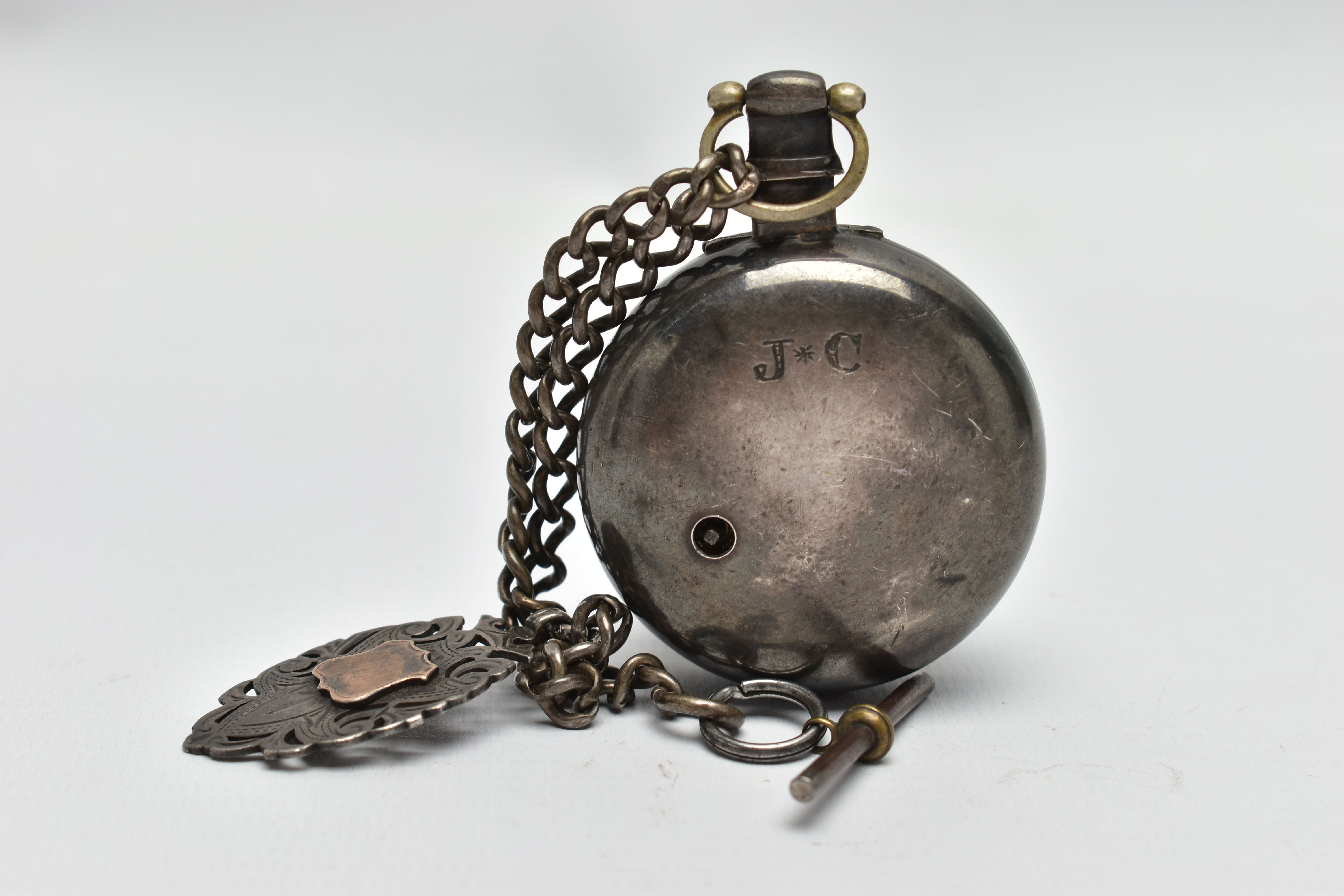 A SILVER OPEN FACE POCKET WATCH AND ALBERT CHAIN, key wound watch, white damaged ceramic dial, - Image 2 of 6