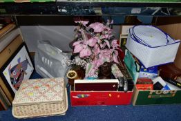 THREE BOXES OF HOUSEHOLD SUNDRIES AND AN ELNA SEWING MACHINE, to include an Elna 'Club Computer'
